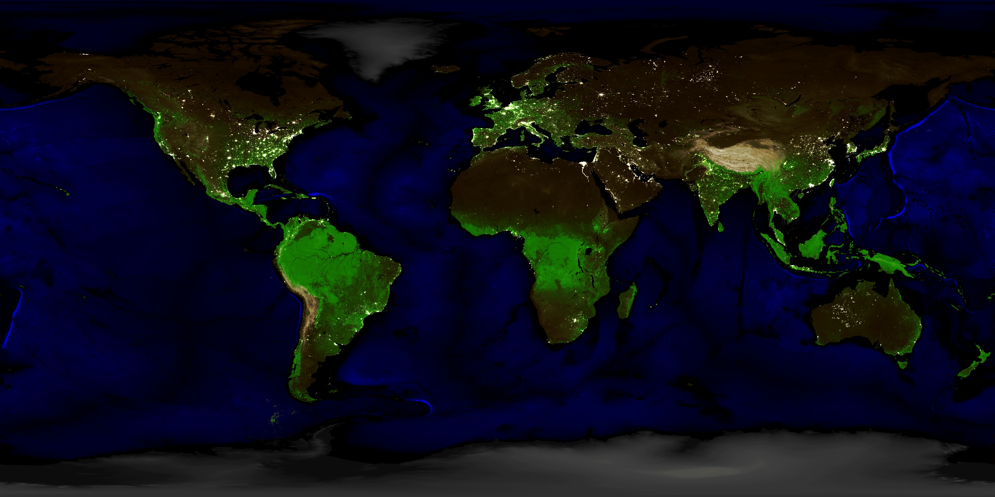 Composite image of the world showing NVDI, City Lights At Night, Elevation, and Bathymetry from NASA Blue Marble Dataset